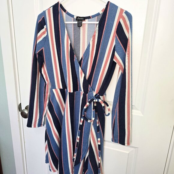 Justify Dress Long Sleeve Wrap Style Pink Blue White Stripe Soft Size Large - Picture 1 of 6